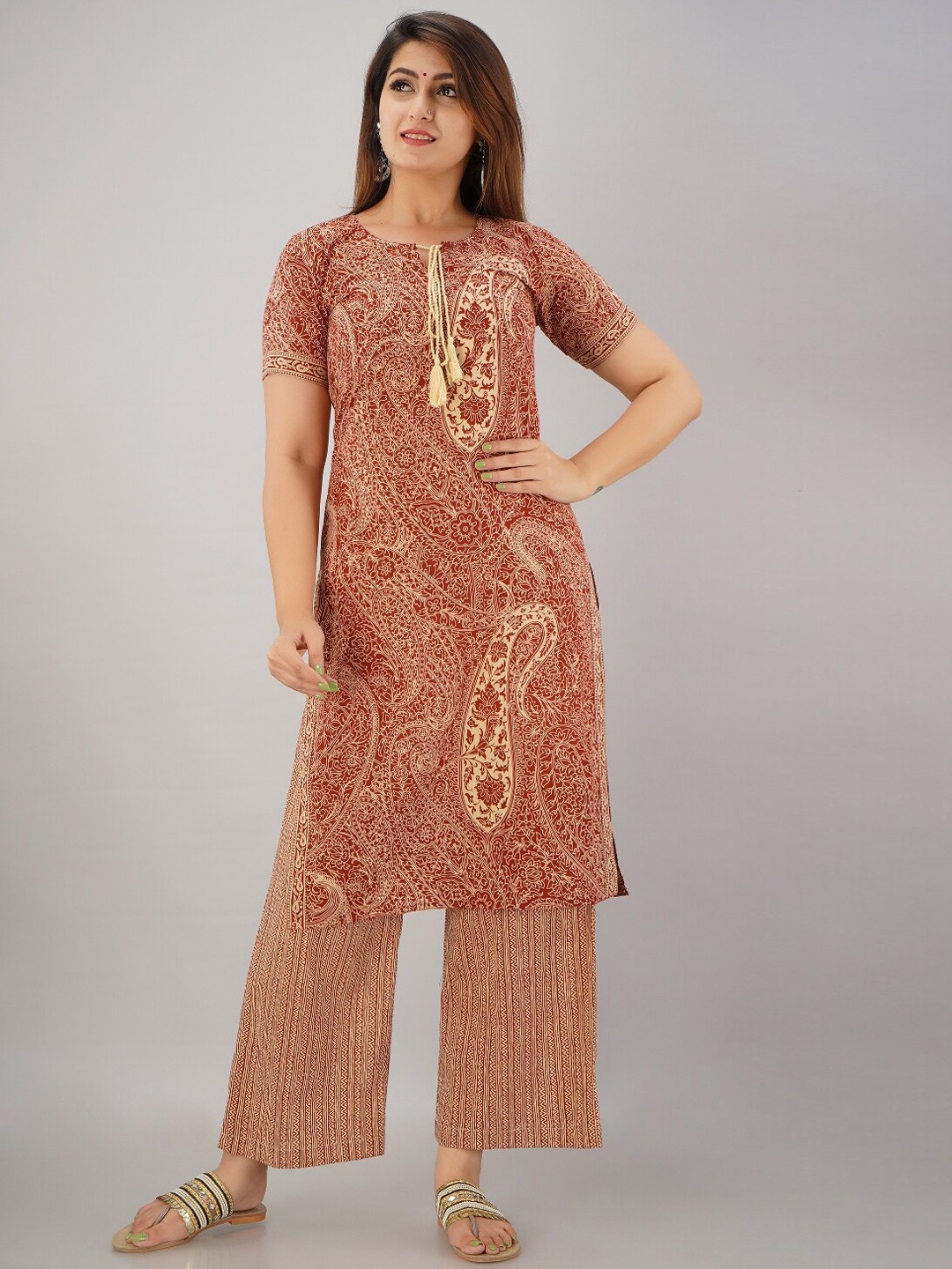 

IRIDAA JAIPUR Paisley Printed Regular Pure Cotton Kurta with Trousers, Beige