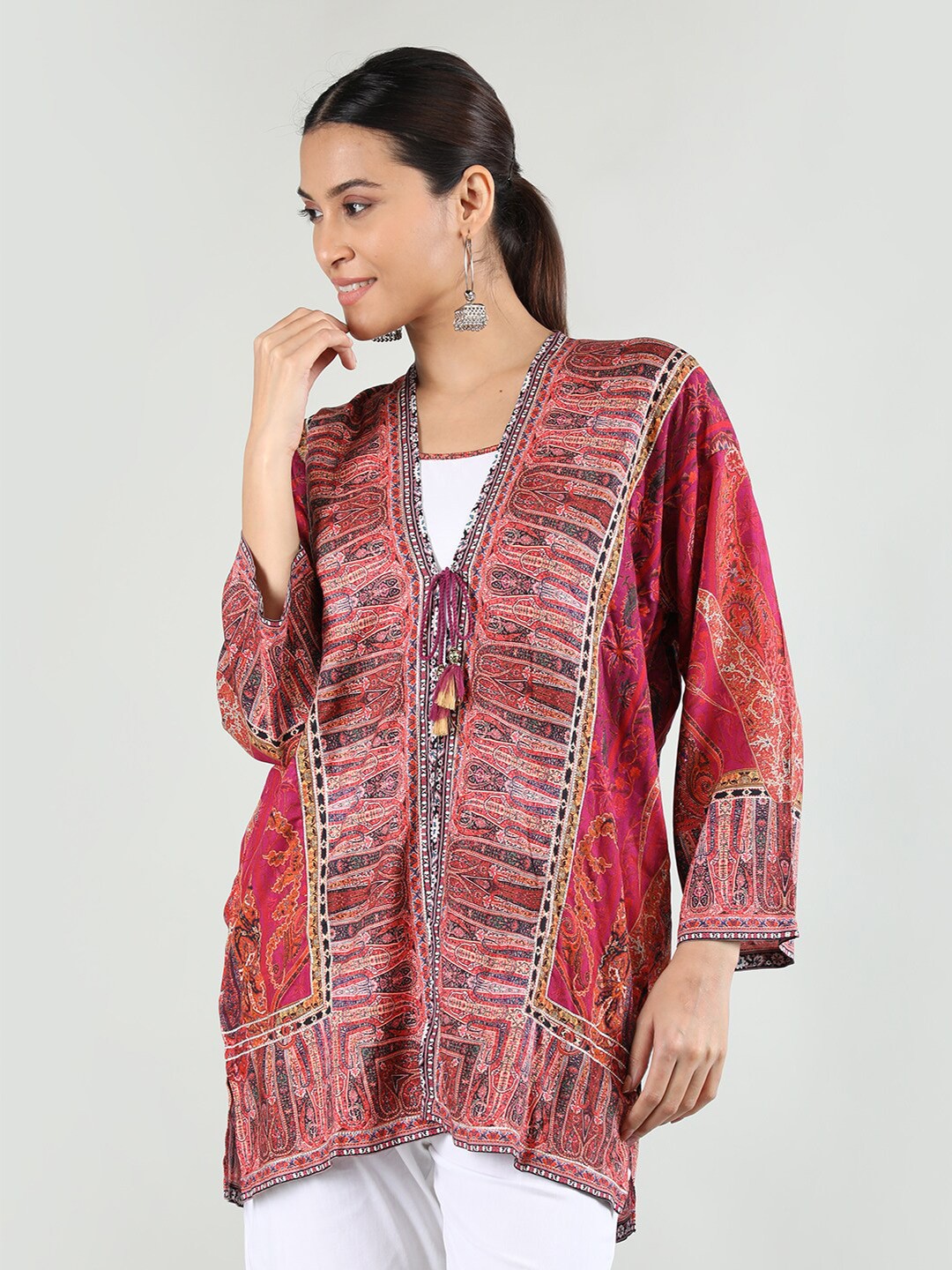 

Rage Ethnic Printed Tie-Up Casual Shrug, Purple