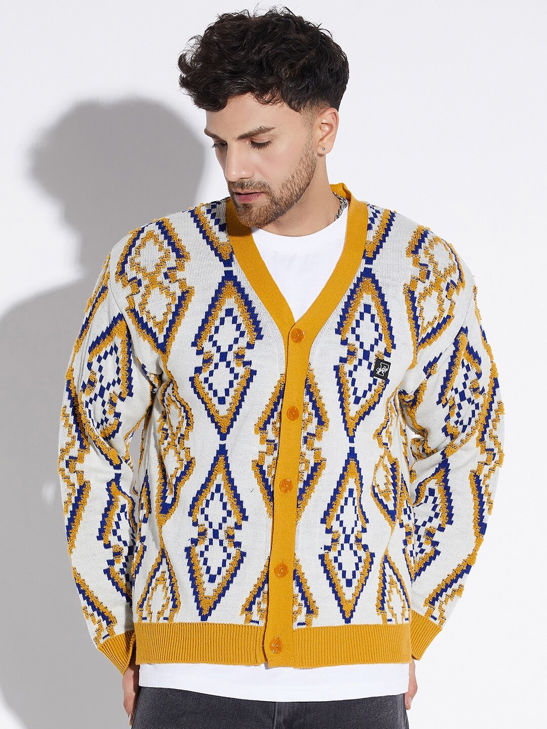 

FUGAZEE Geometric Printed Acrylic Cardigan Sweaters, Mustard