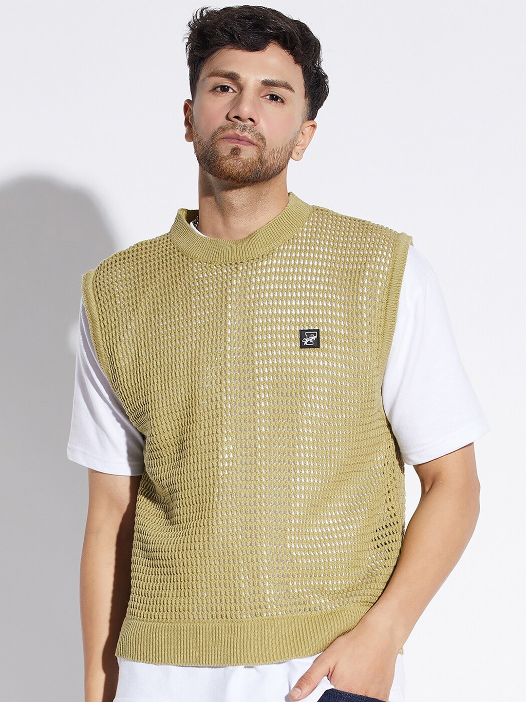 

FUGAZEE Self Design Open Knit Woollen Sweater Vest, Olive