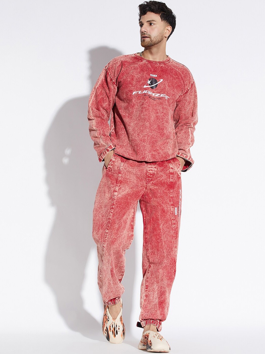 

FUGAZEE Men Printed Pure Cotton Oversized Tracksuits, Orange