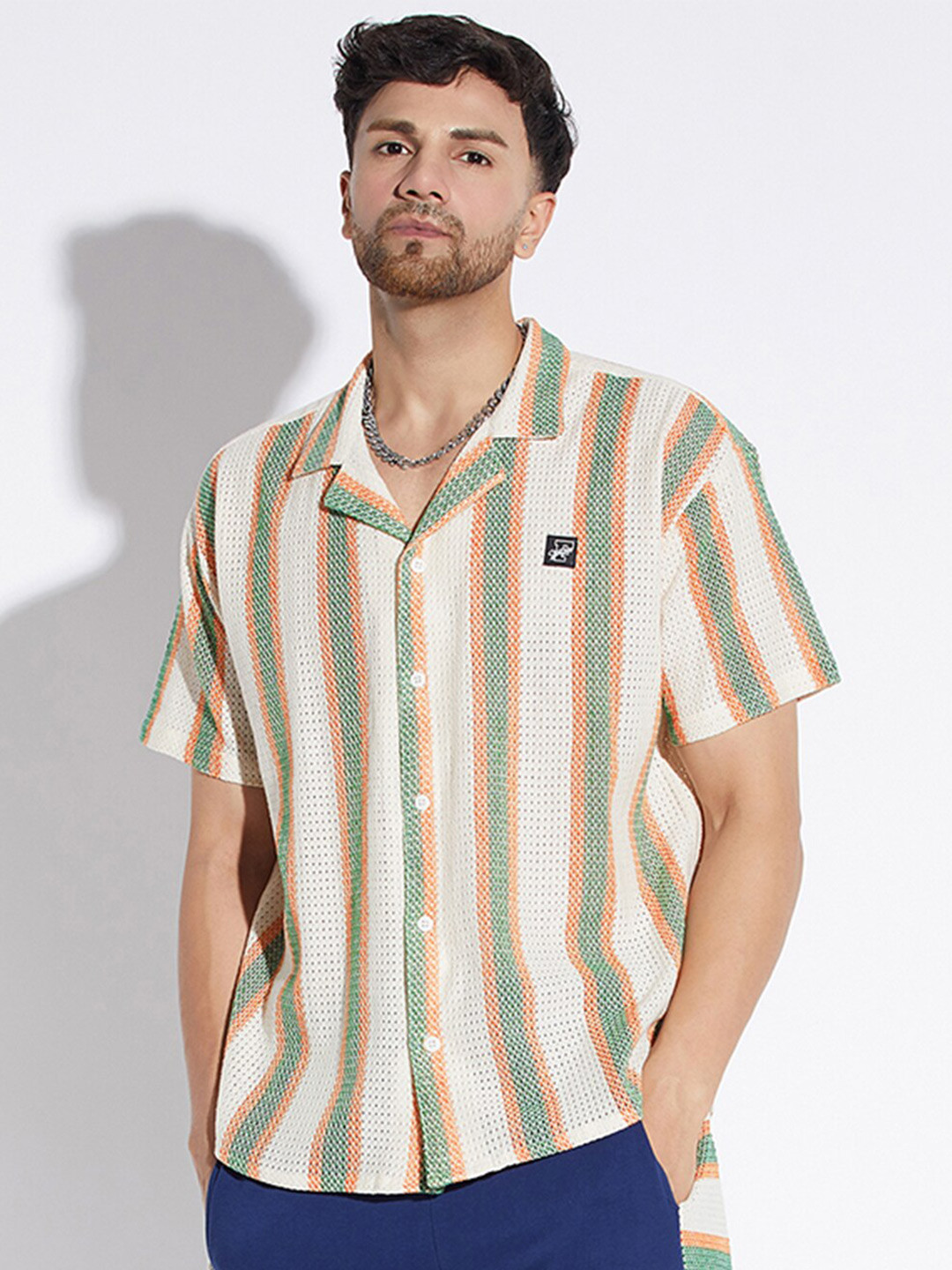 

FUGAZEE Relaxed Striped Oversized Fit Spread Collar Cotton Casual Shirt, Beige