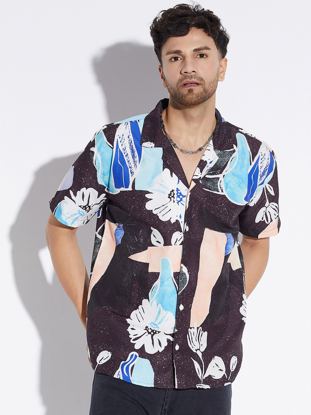 

FUGAZEE Relaxed Floral Printed Oversized Fit Spread Collar Casual Shirt, Blue