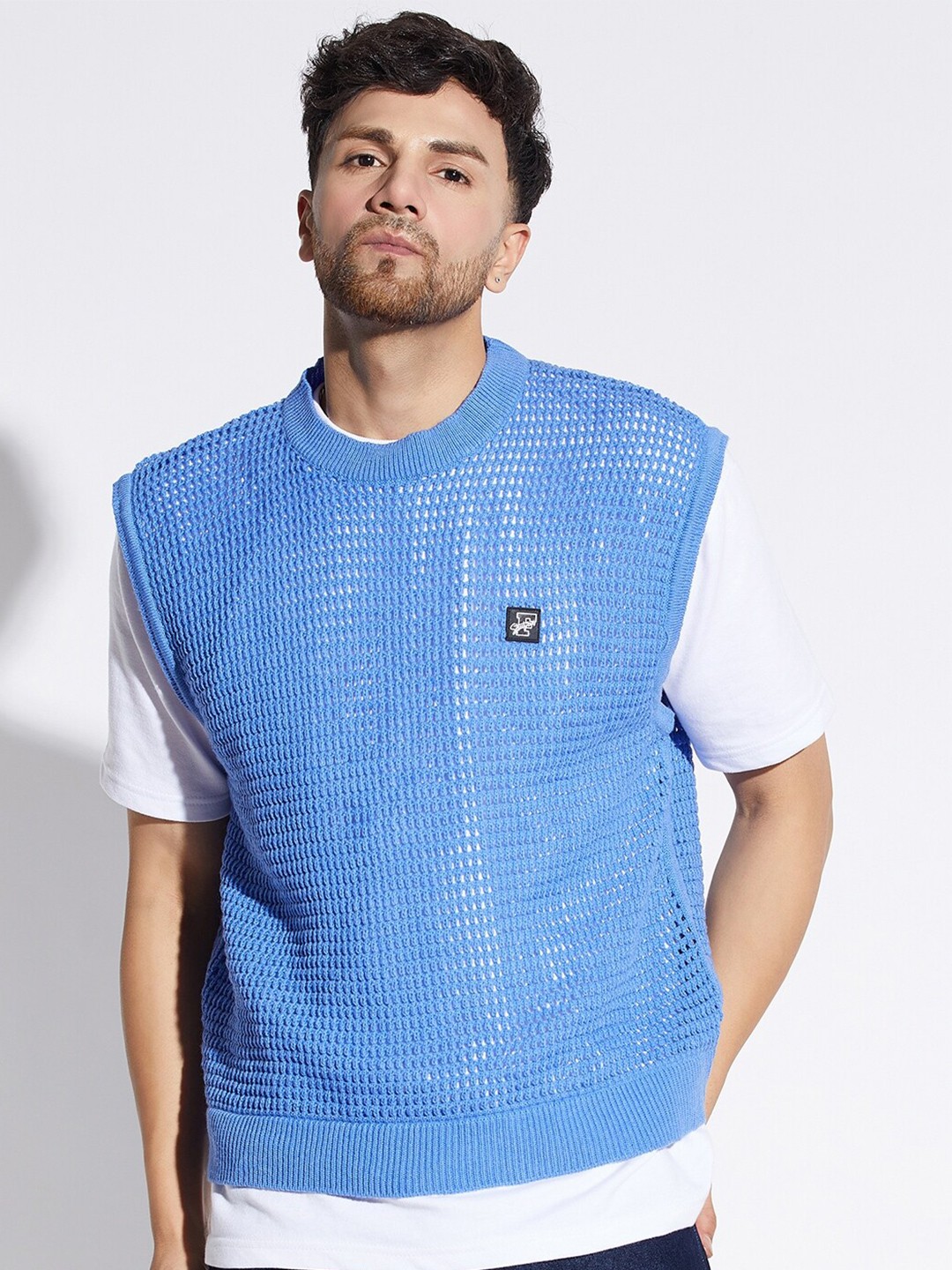 

FUGAZEE Self Design Open Knit Woollen Sweater Vest, Blue