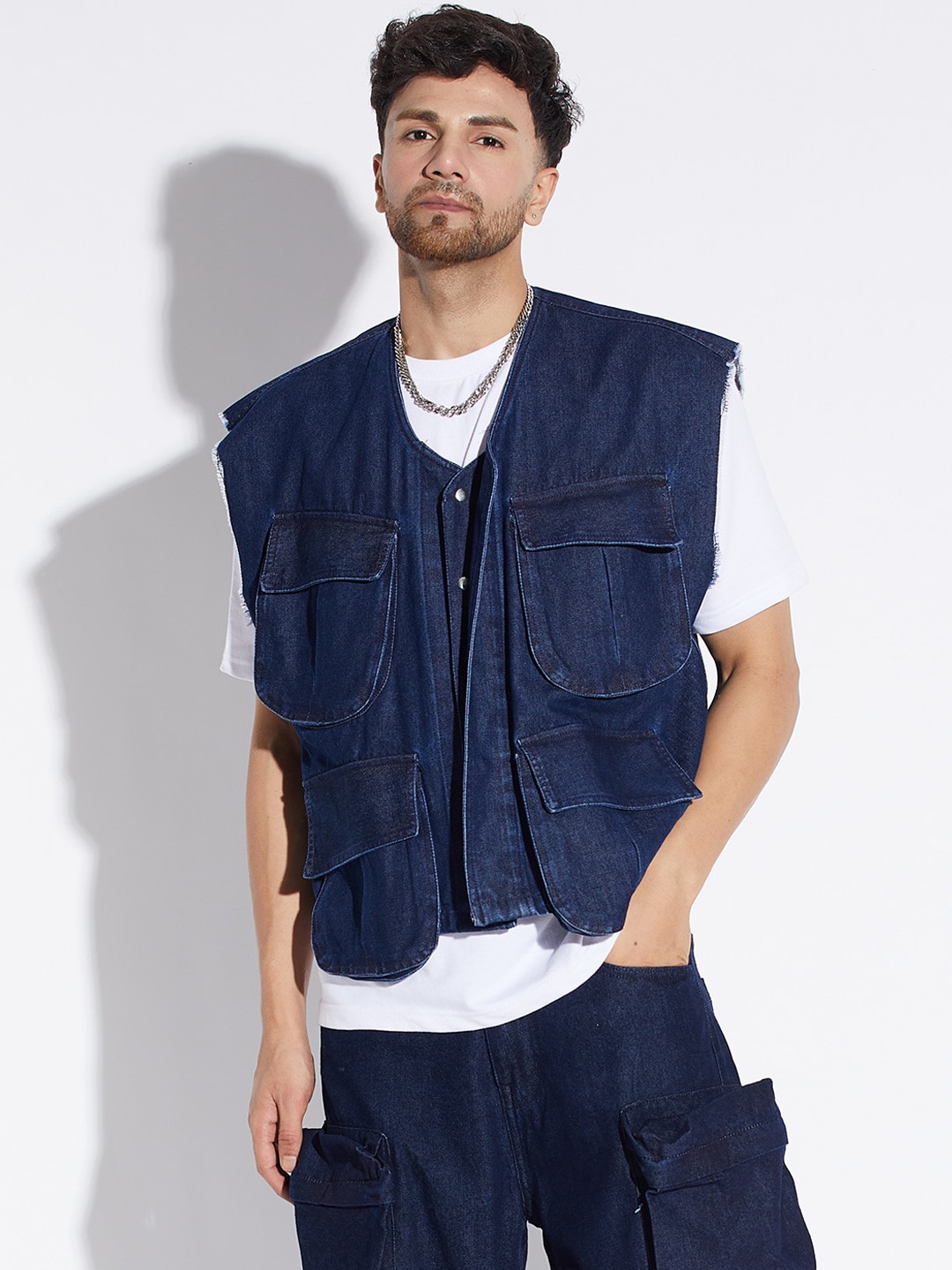 

FUGAZEE Collarless Cotton Crop Tailored Jacket With Pocket Detail, Blue