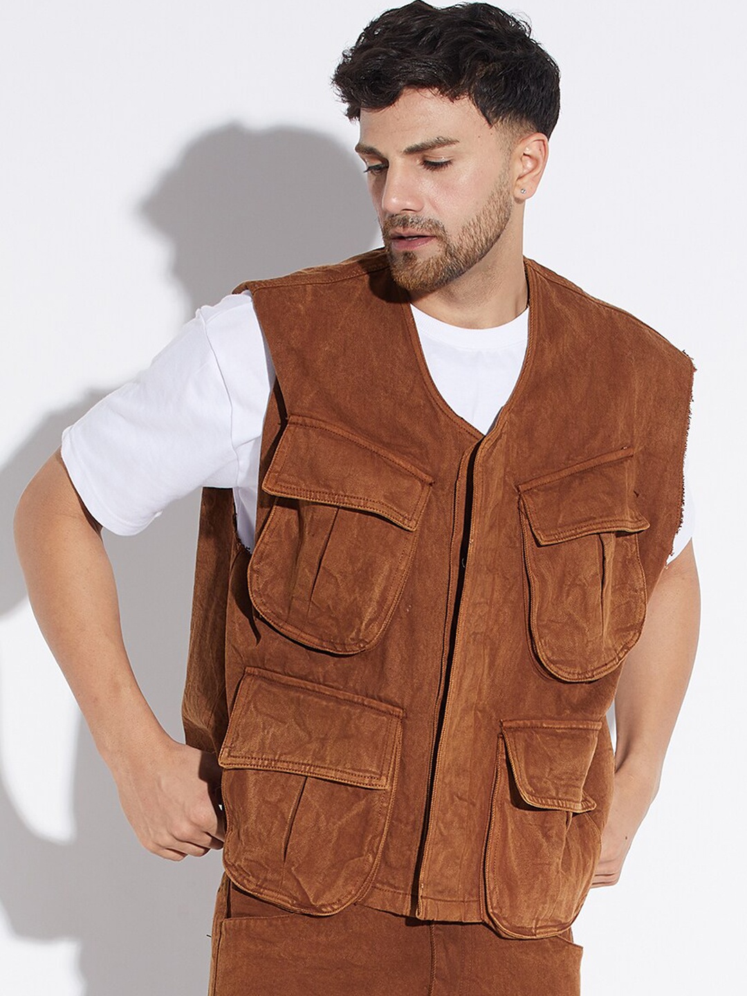 

FUGAZEE Collarless Open Front Jacket, Brown