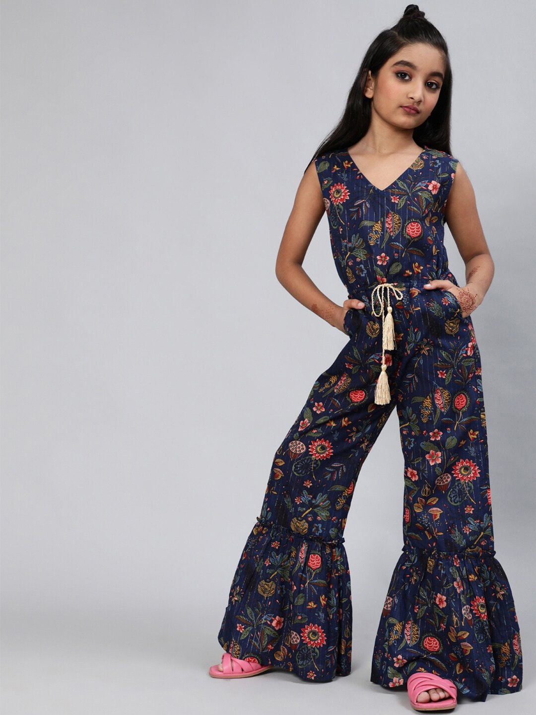 

Aks Kids Girls Floral Printed Cotton Basic Jumpsuit, Navy blue