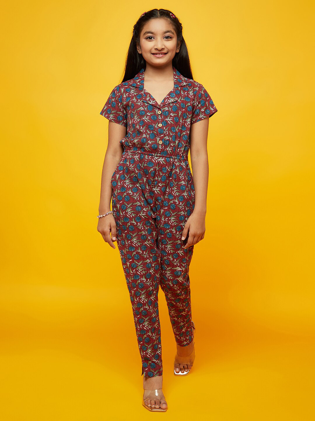 

Aks Kids Girls Floral Printed Shirt Collar Cotton Basic Jumpsuit, Maroon