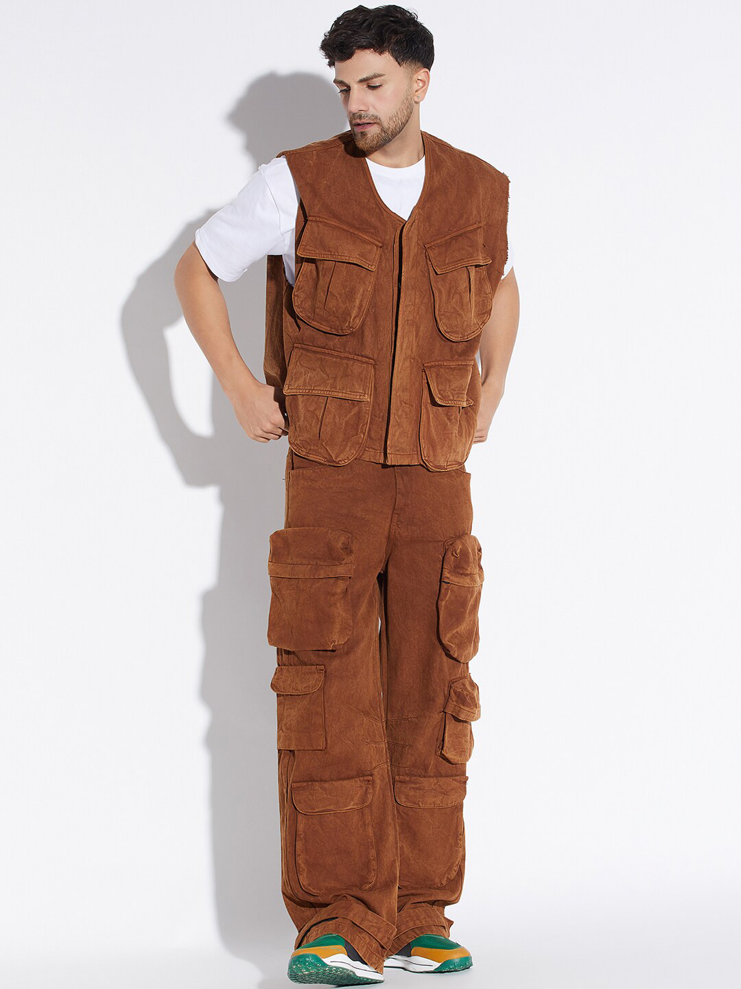 

FUGAZEE Washed Denim Oversized Fit Jacket & Cargo Track Pant Co Ords Set, Brown