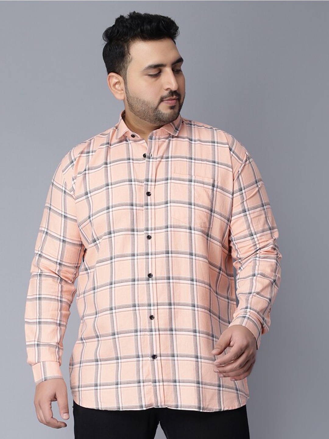 

Toodle Plus Custom Tartan Checks Opaque Checked Cotton Casual Shirt, Peach