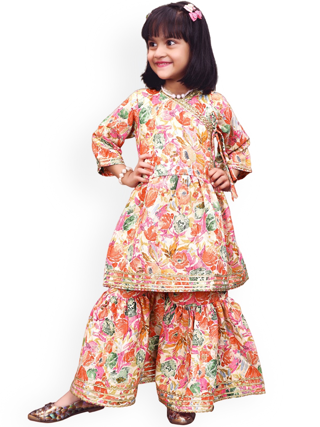 

BAESD Girls Floral Printed Angrakha Anarkali Kurta With Sharara, Peach