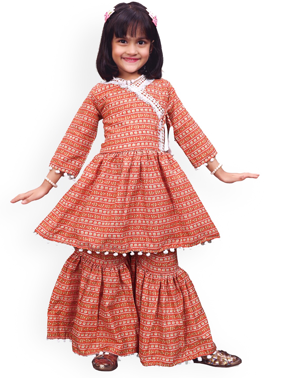 

BAESD Girls Geometric Printed Angrakha A-Line Kurta With Sharara, Coral