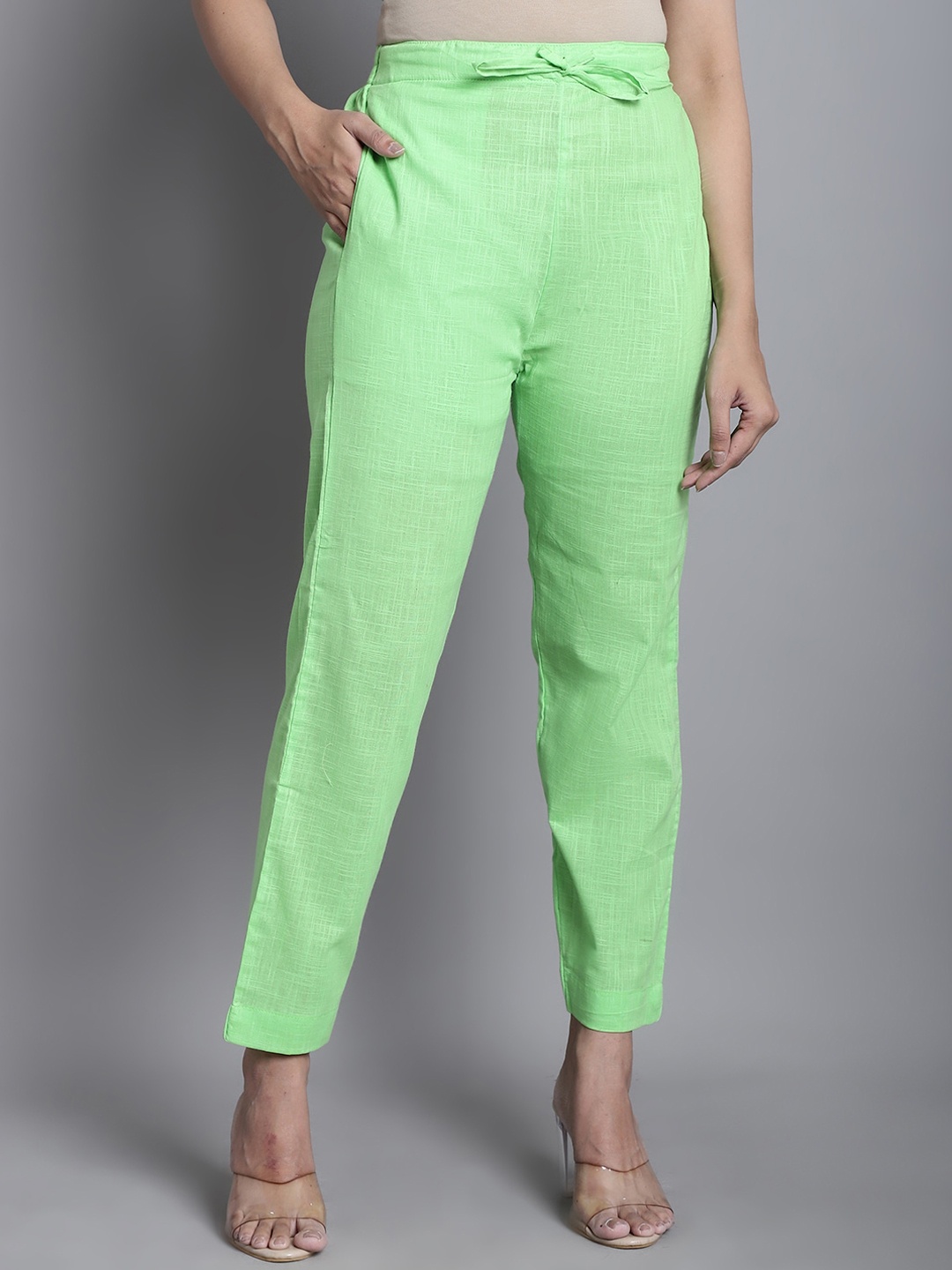 

Enchanted Drapes Women Solid Pure Cotton Cigarette Trousers, Green