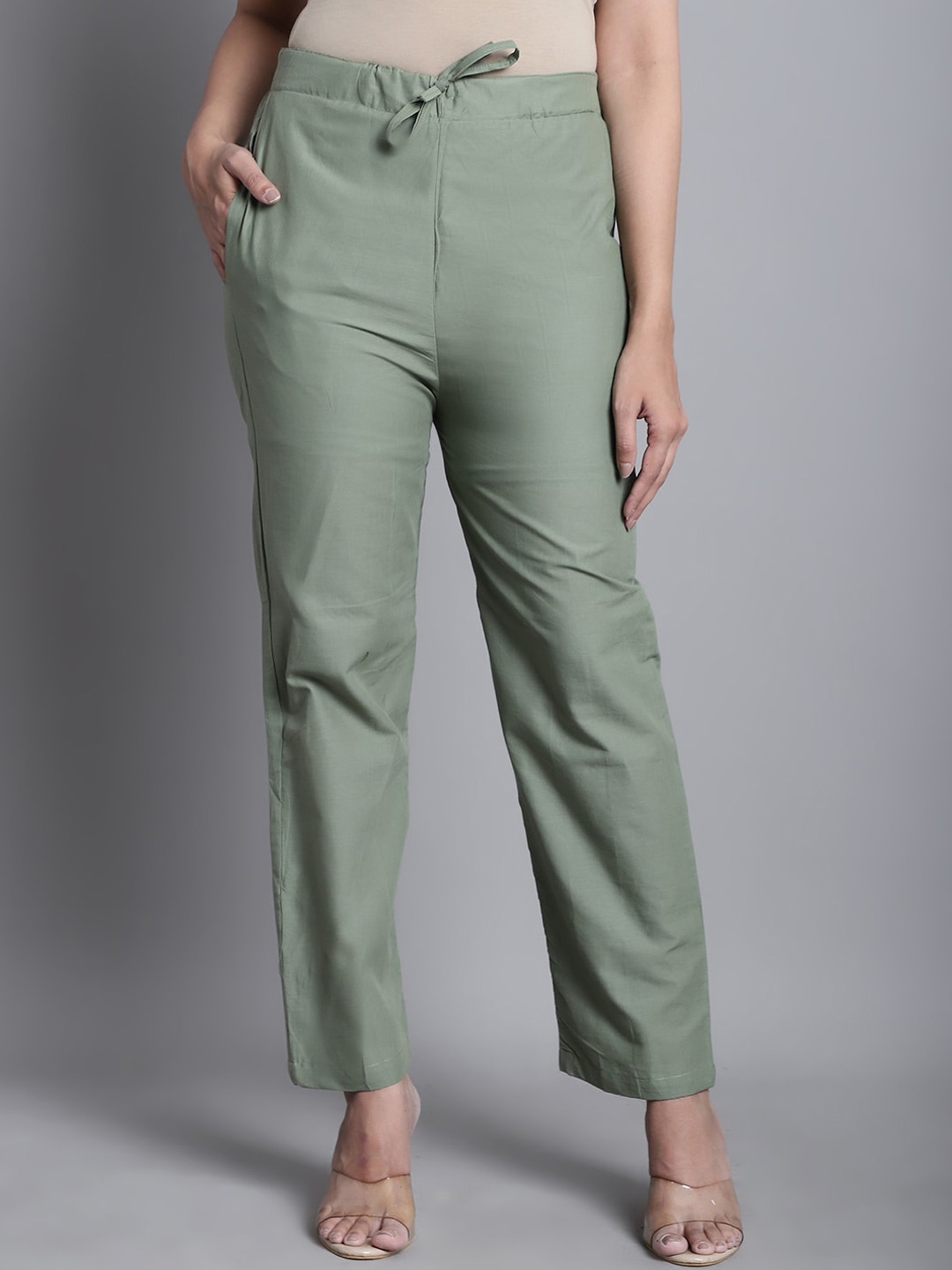 

Enchanted Drapes Women Solid Cotton Cigarette Trousers, Green