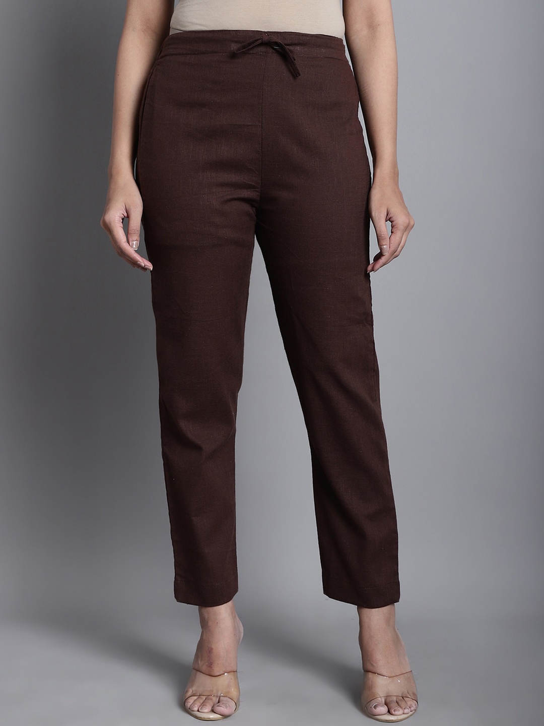 

Enchanted Drapes Women Solid Pure Cotton Cigarette Trousers, Brown