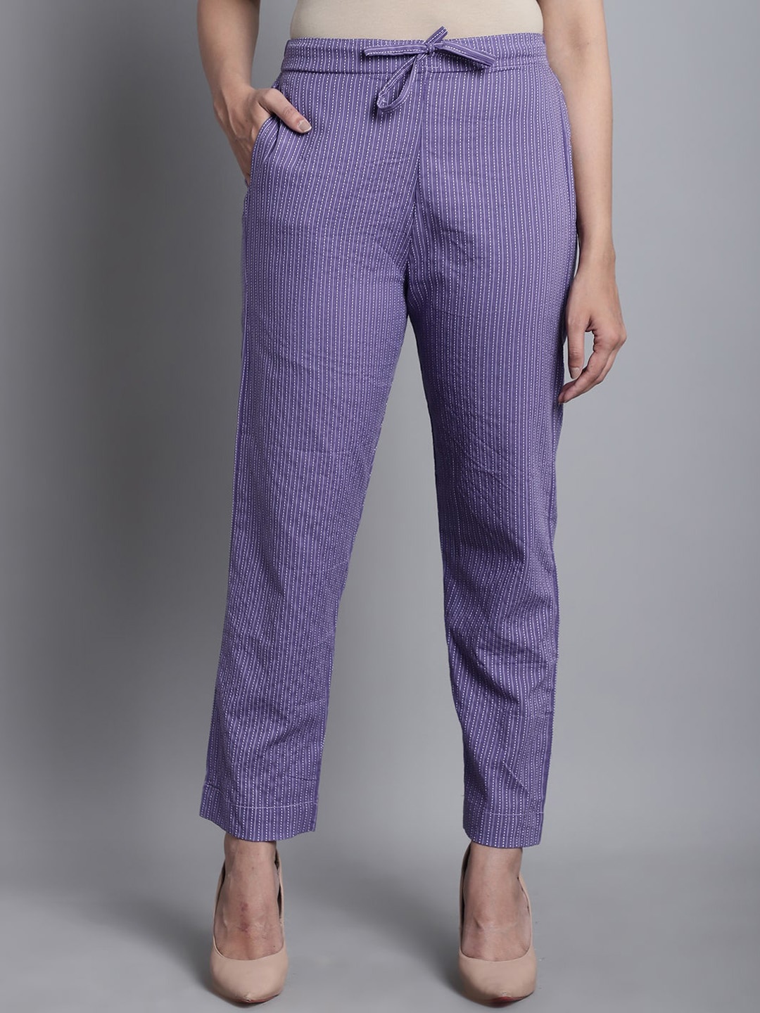 

Enchanted Drapes Women Striped Cotton Cigarette Trousers, Purple