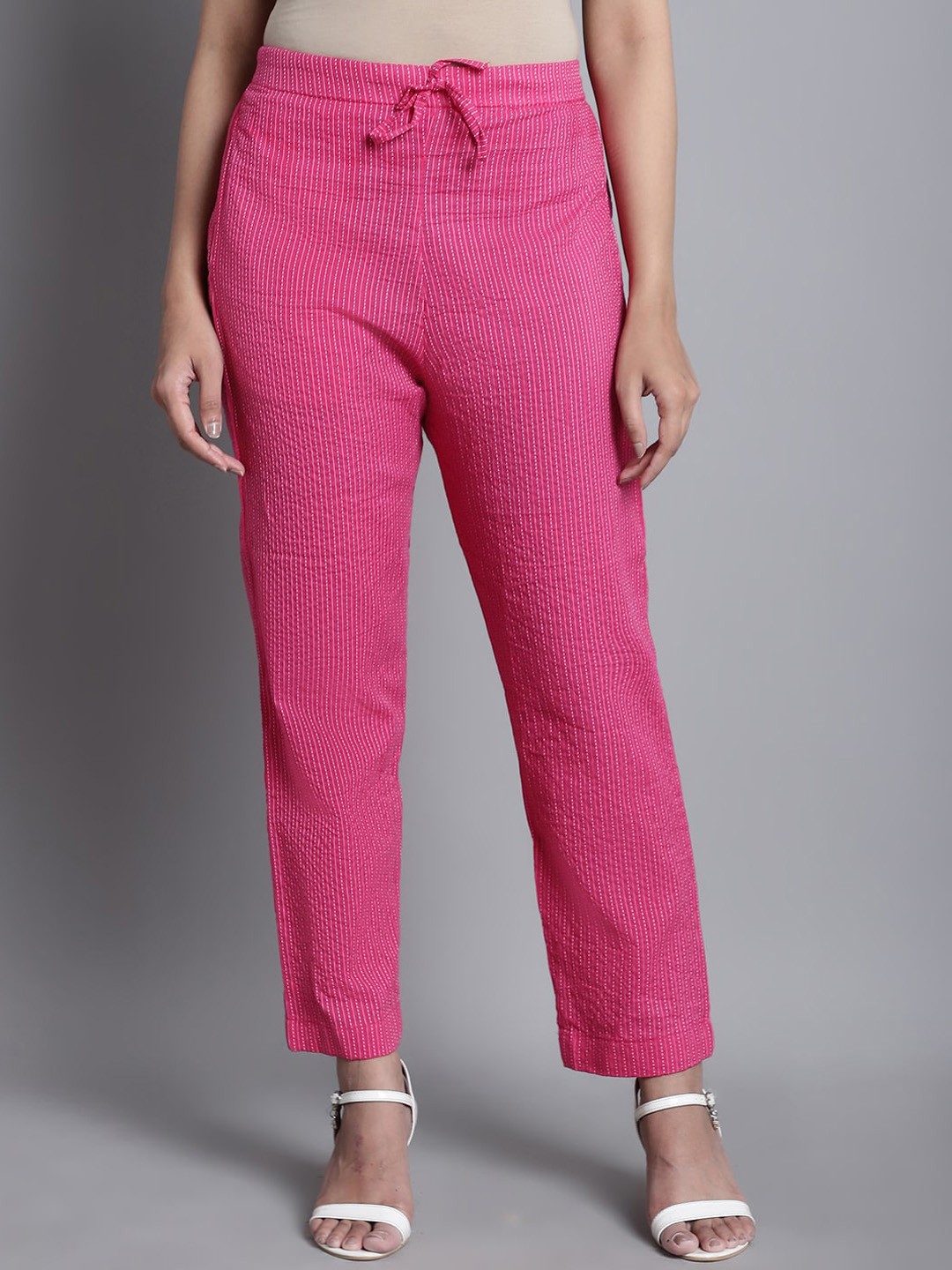 

Enchanted Drapes Women Striped Cotton Cigarette Trousers, Pink