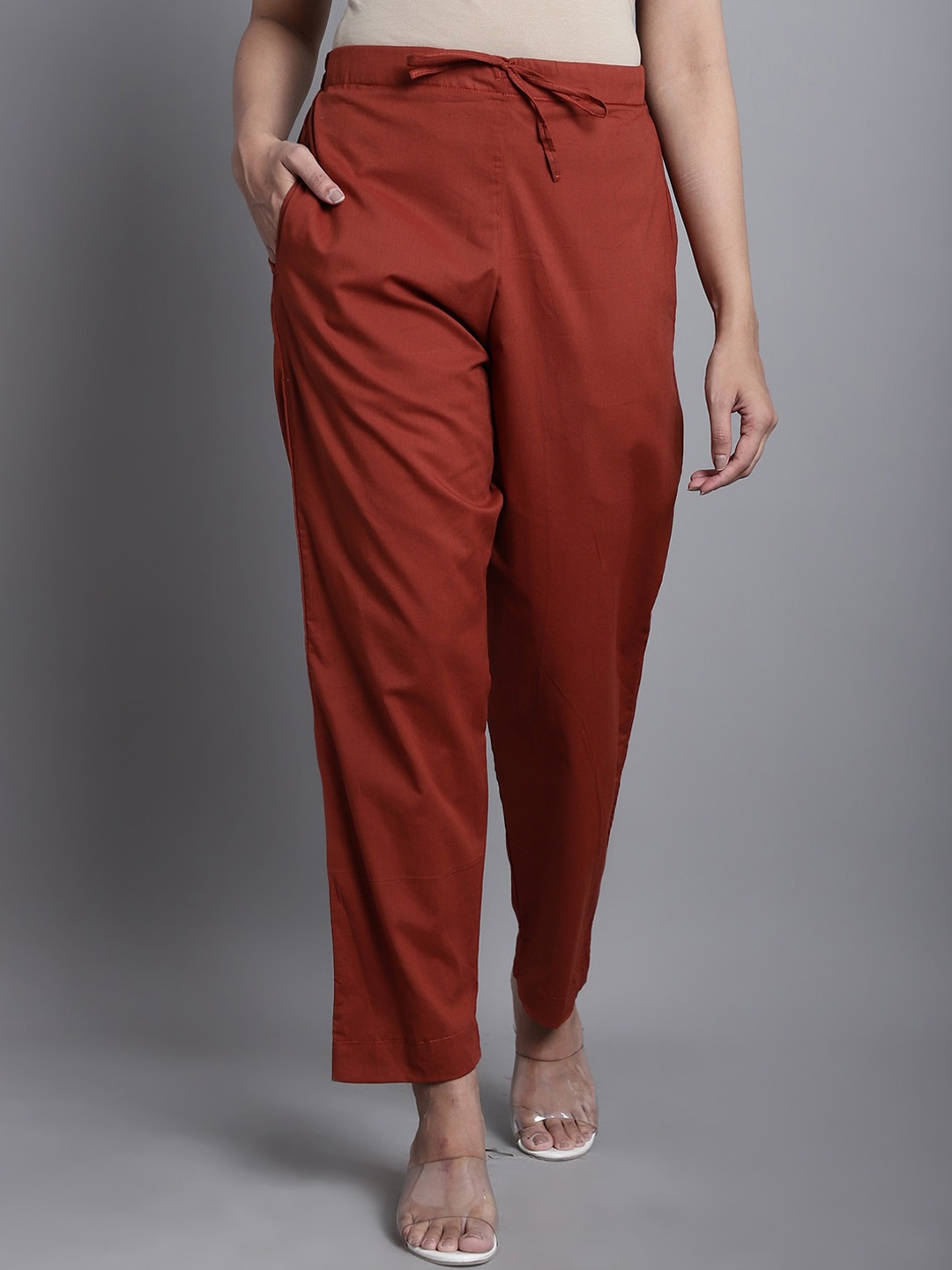 

Enchanted Drapes Women Solid Cotton Cigarette Trousers, Rust