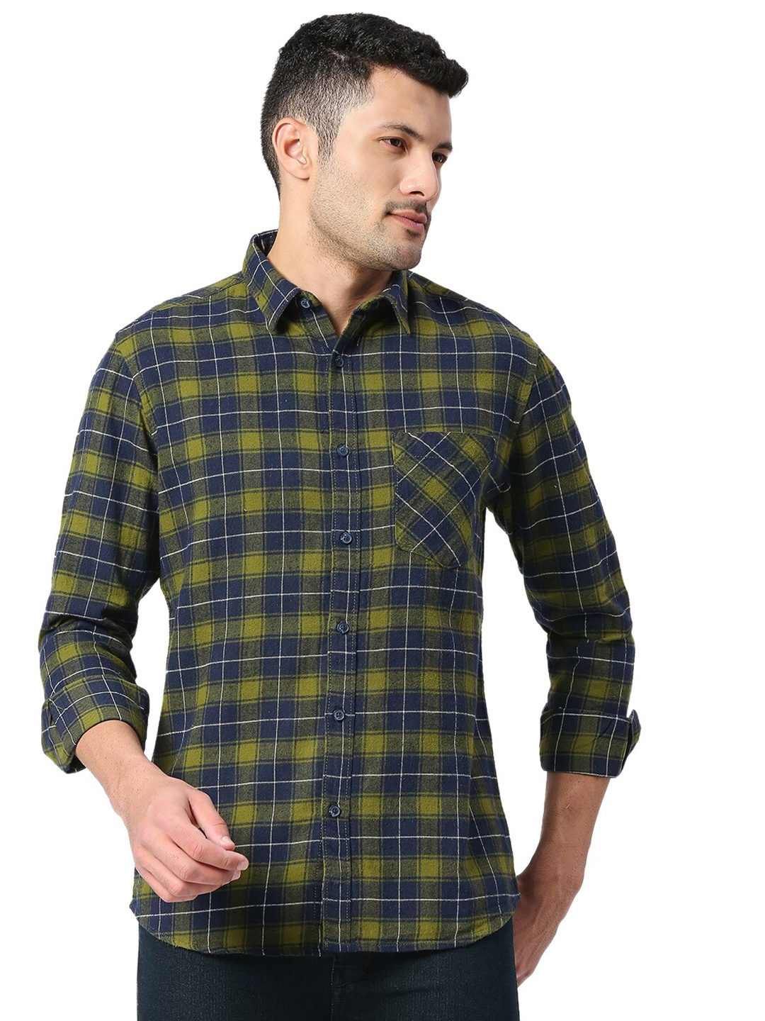 

SNX Men Navy Blue Tailored Fit Tartan Checked Pure Cotton Casual Shirt