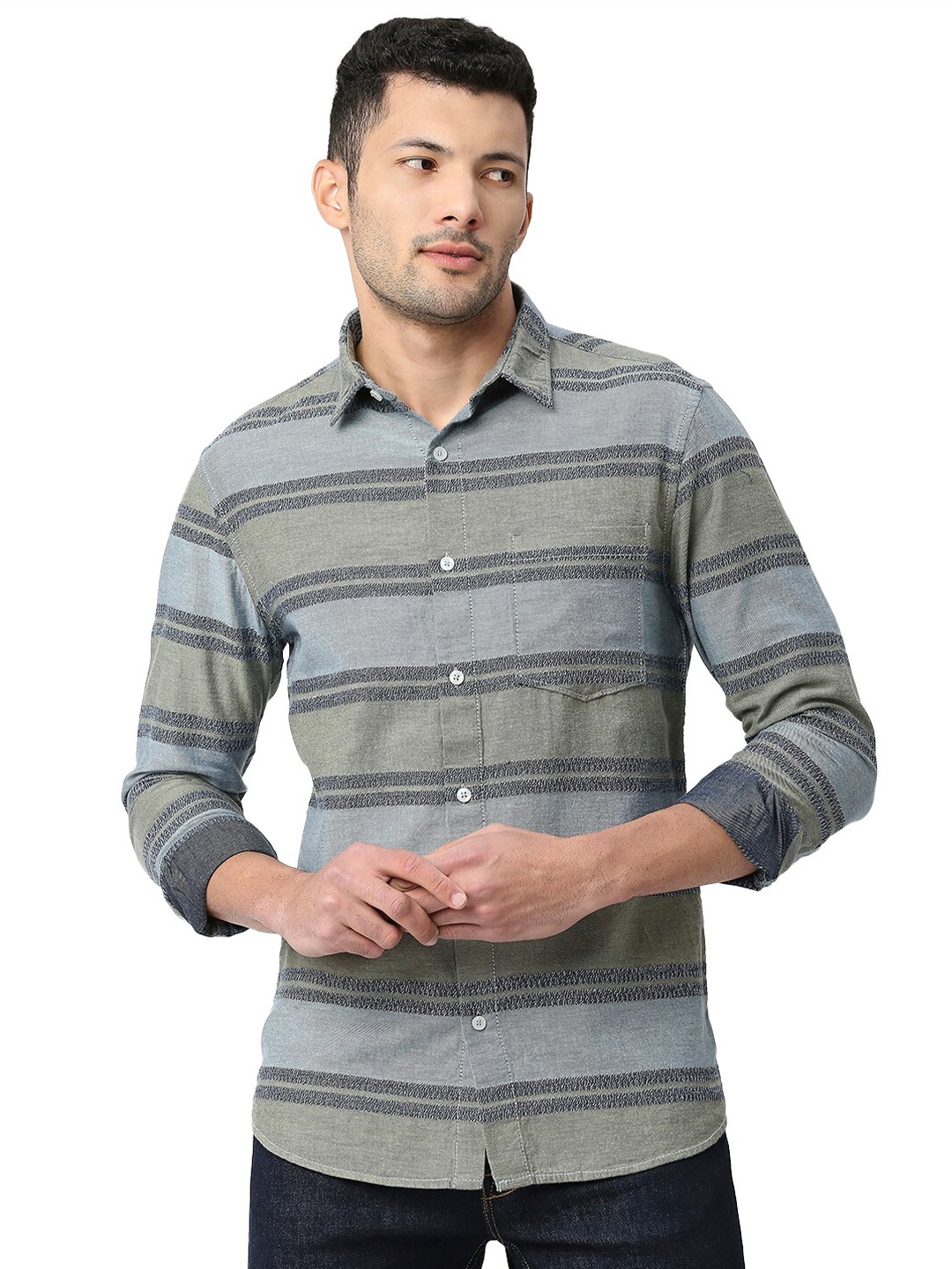 

SNX Men Beige Tailored Fit Horizontal Stripes Pure Cotton Casual Shirt