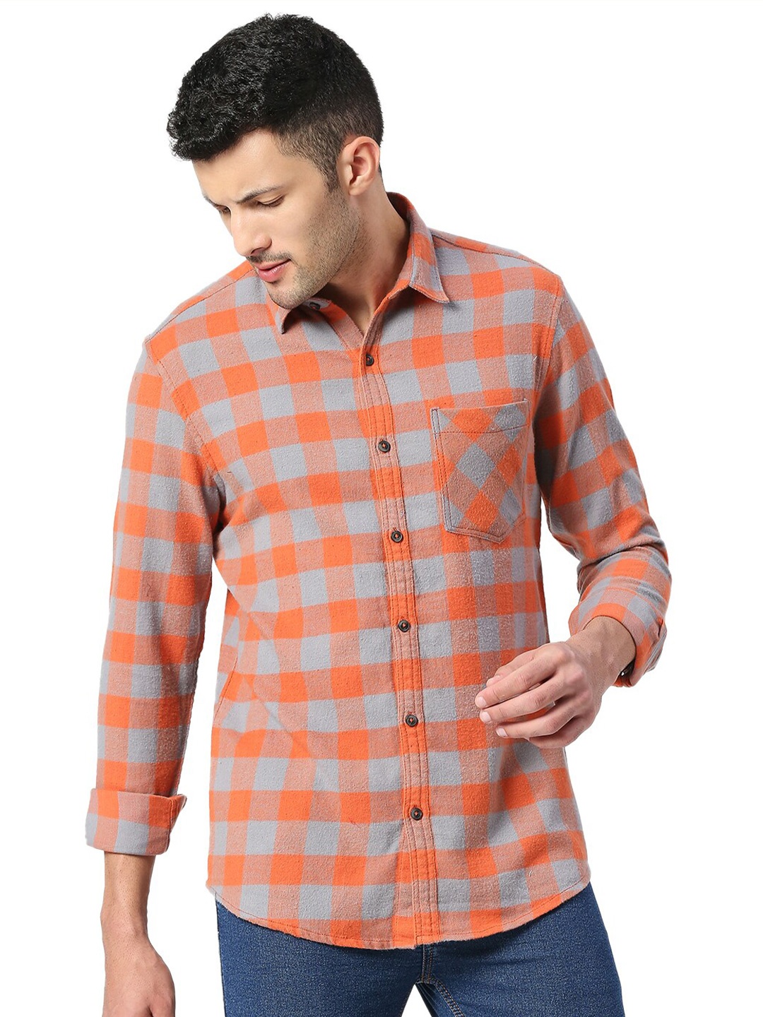 

SNX Men Orange Tailored Fit Checked Pure Cotton Casual Shirt