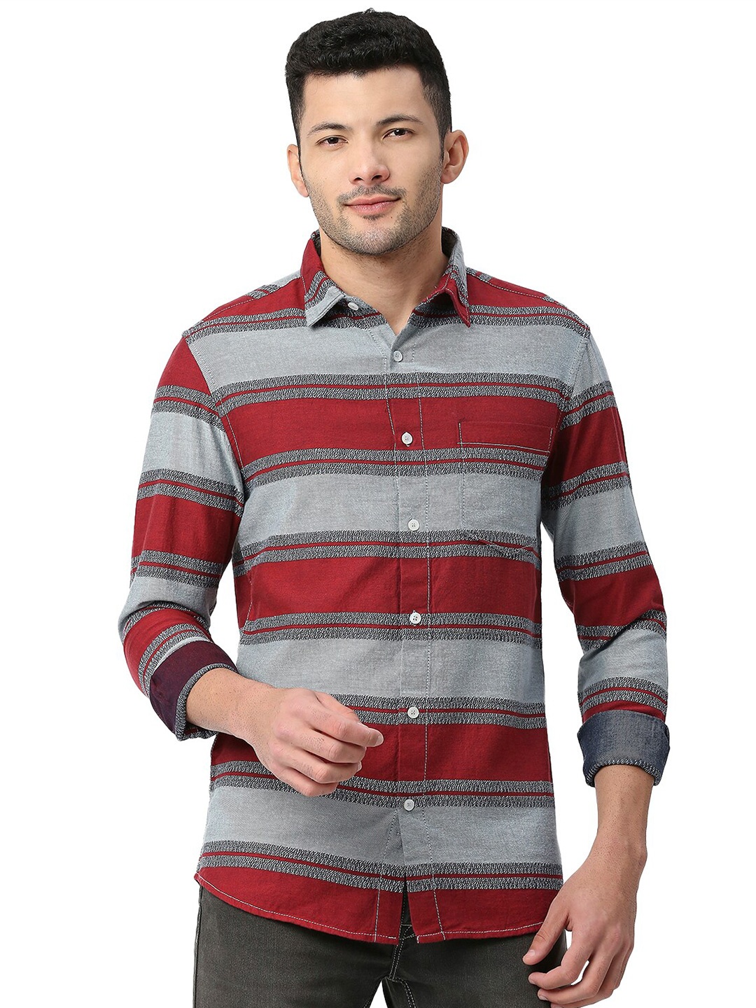 

SNX Tailored Fit Horizontal Stripes Pure Cotton Casual Shirt, Maroon