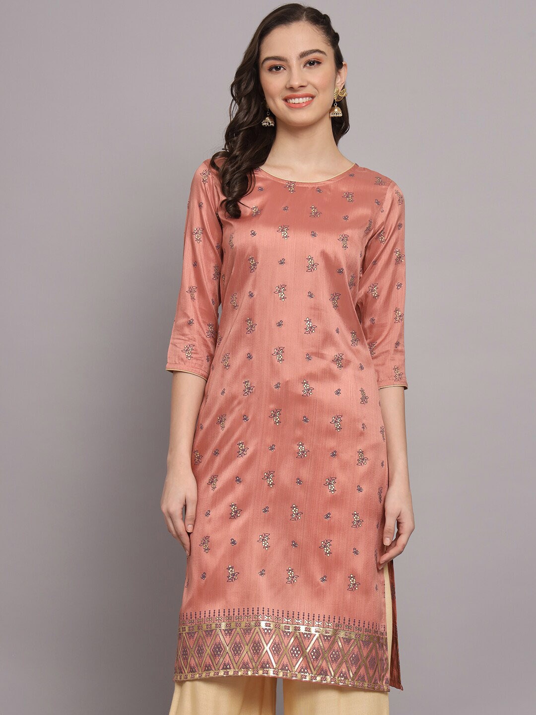 

Kiwie Floral Foil Printed Straight Kurta, Peach