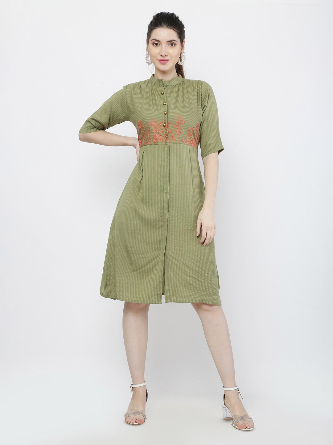 

Kiwie Striped Floral Embroidered A-Line Dress, Green