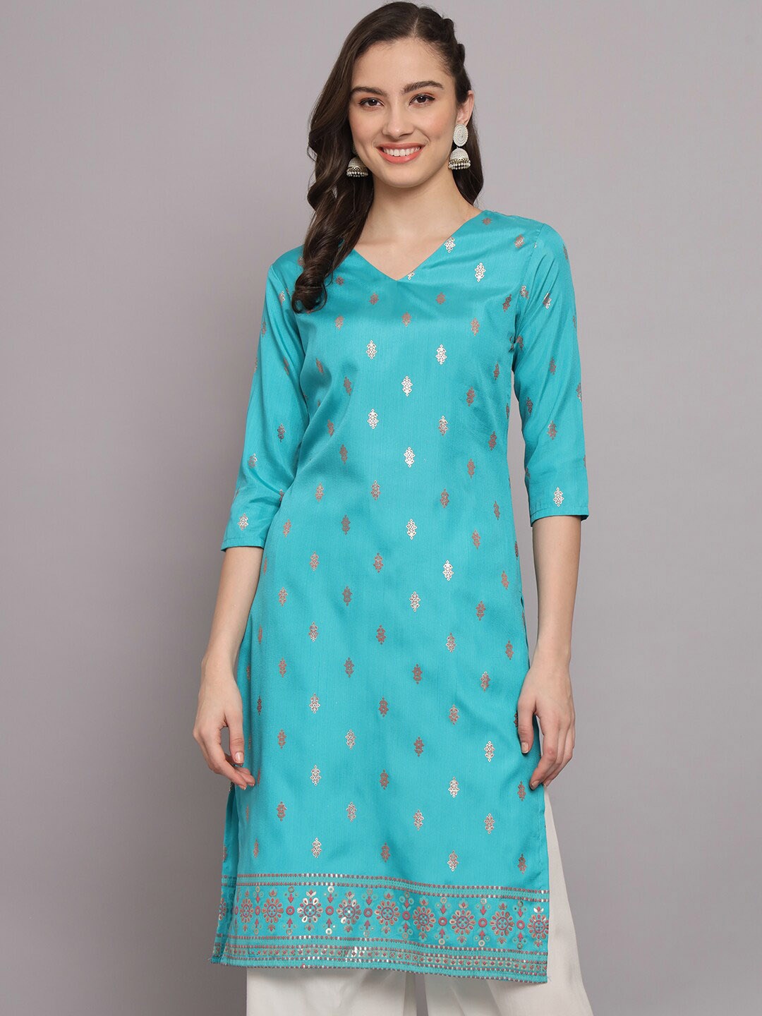 

Kiwie Ethnic Motifs Printed V-Neck Straight Kurta, Teal