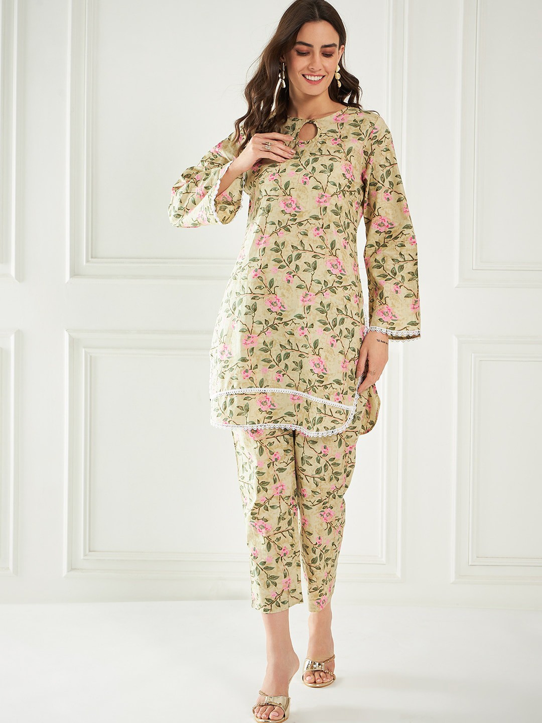 

all about you Floral Printed Pure Cotton Tunic & Trousers, Beige