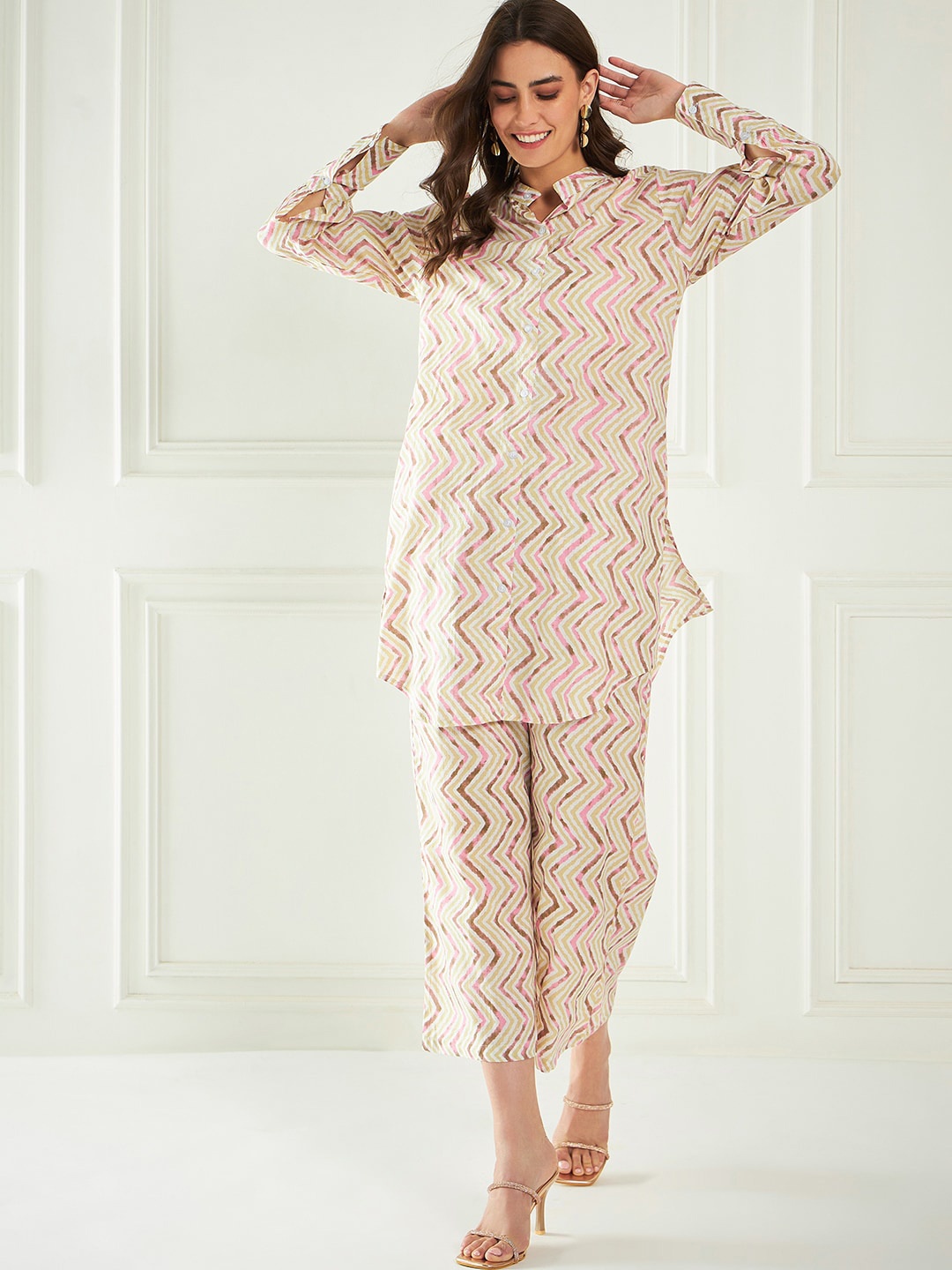 

all about you Geometric Printed Pure Cotton Tunic With Trousers Co-Ords, Beige