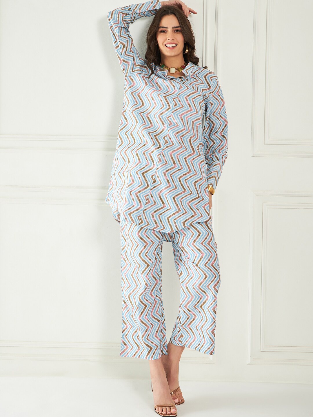 

all about you Geometric Printed Pure Cotton Tunic With Trousers Co-Ords, Blue