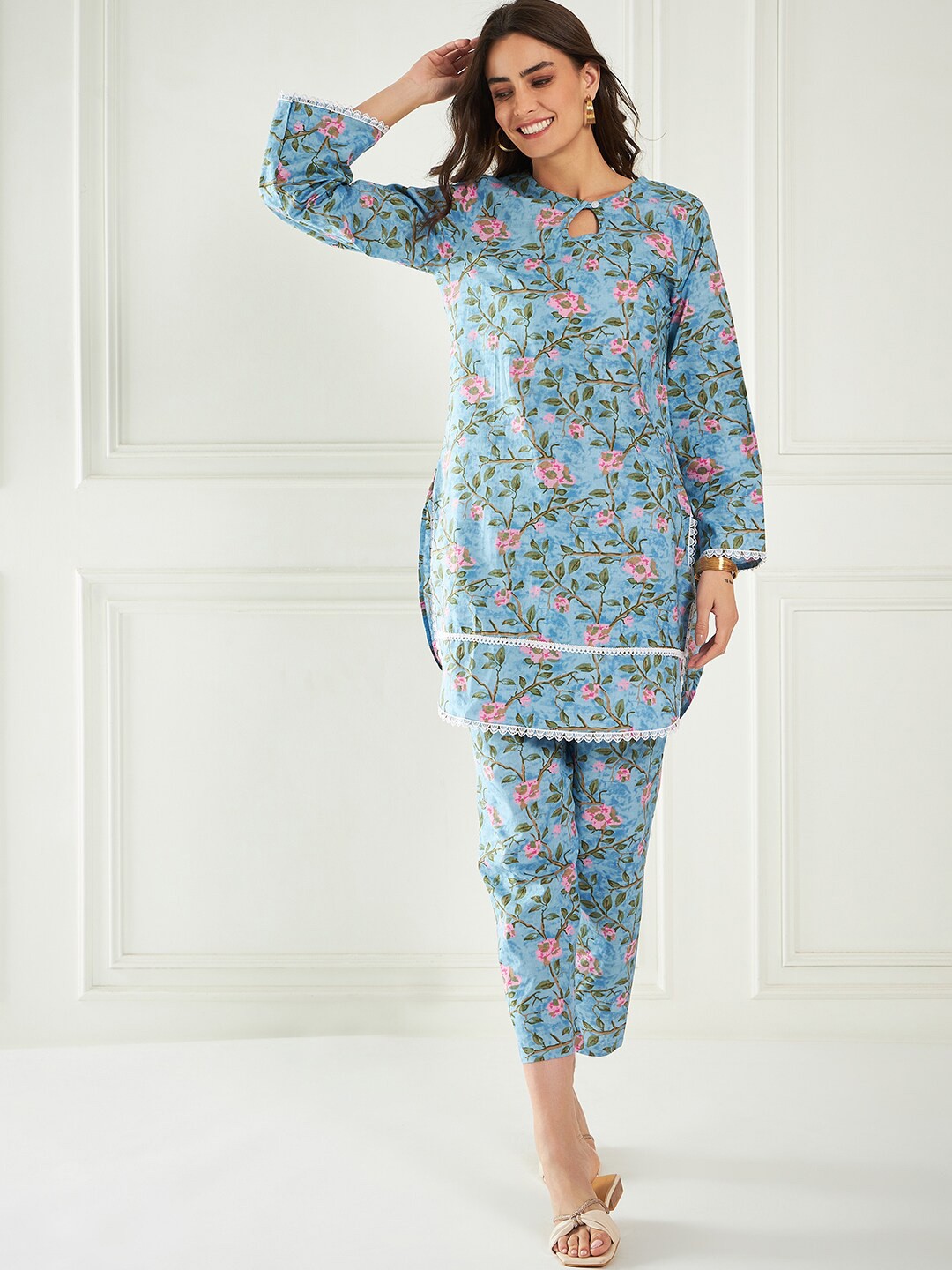 

all about you Floral Printed Pure Cotton Tunic & Trousers Co-Ords, Blue