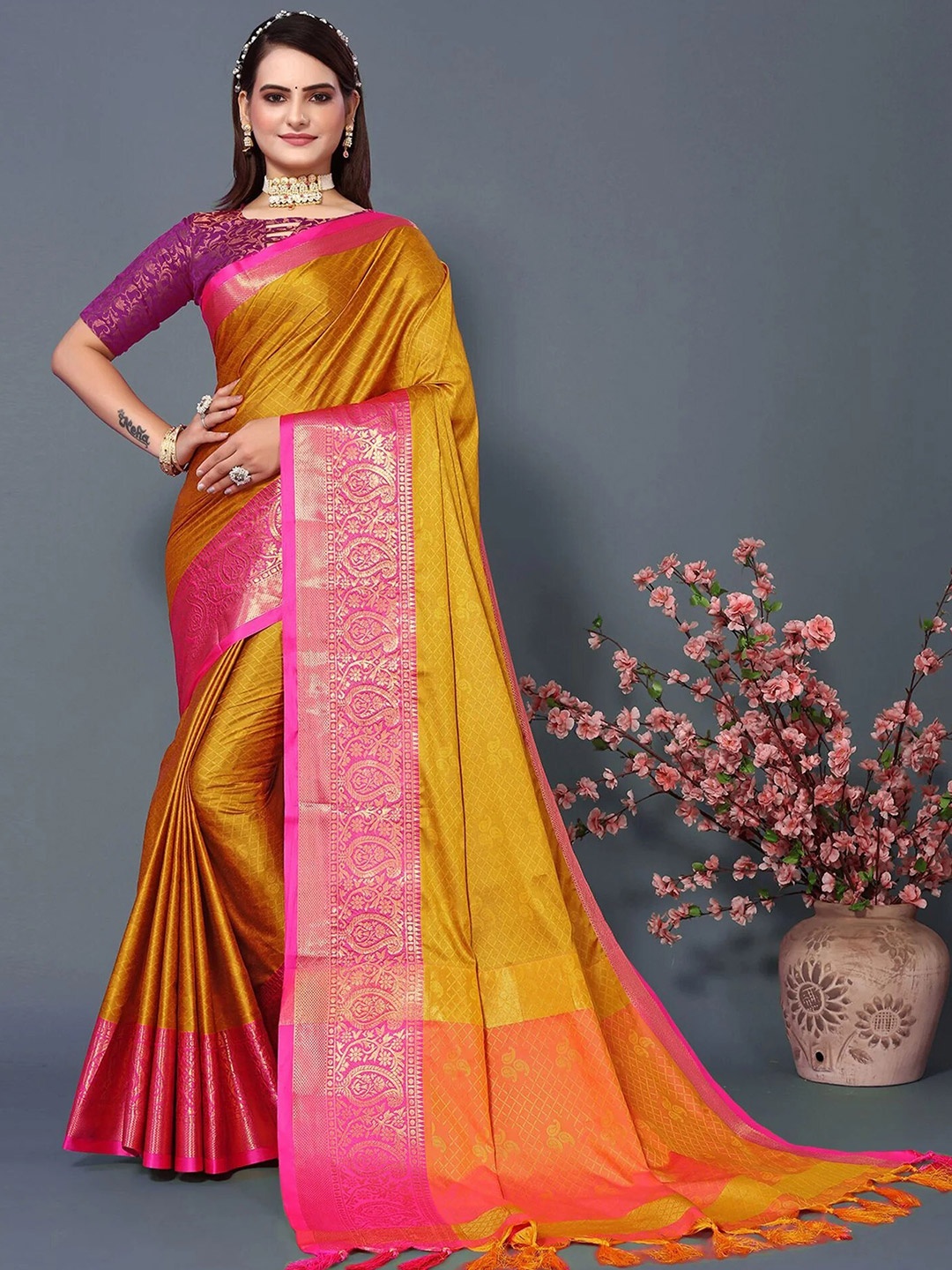 

KALINI Paisley Woven Design Zari Detailed Silk Cotton Saree, Mustard