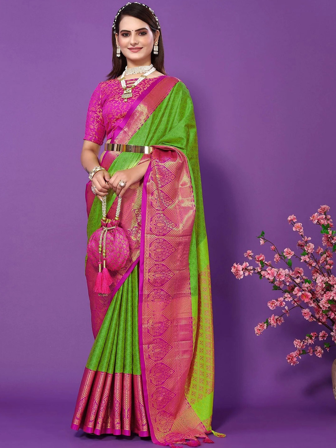 

KALINI Woven Design Zari Mysore Silk Saree, Fluorescent green