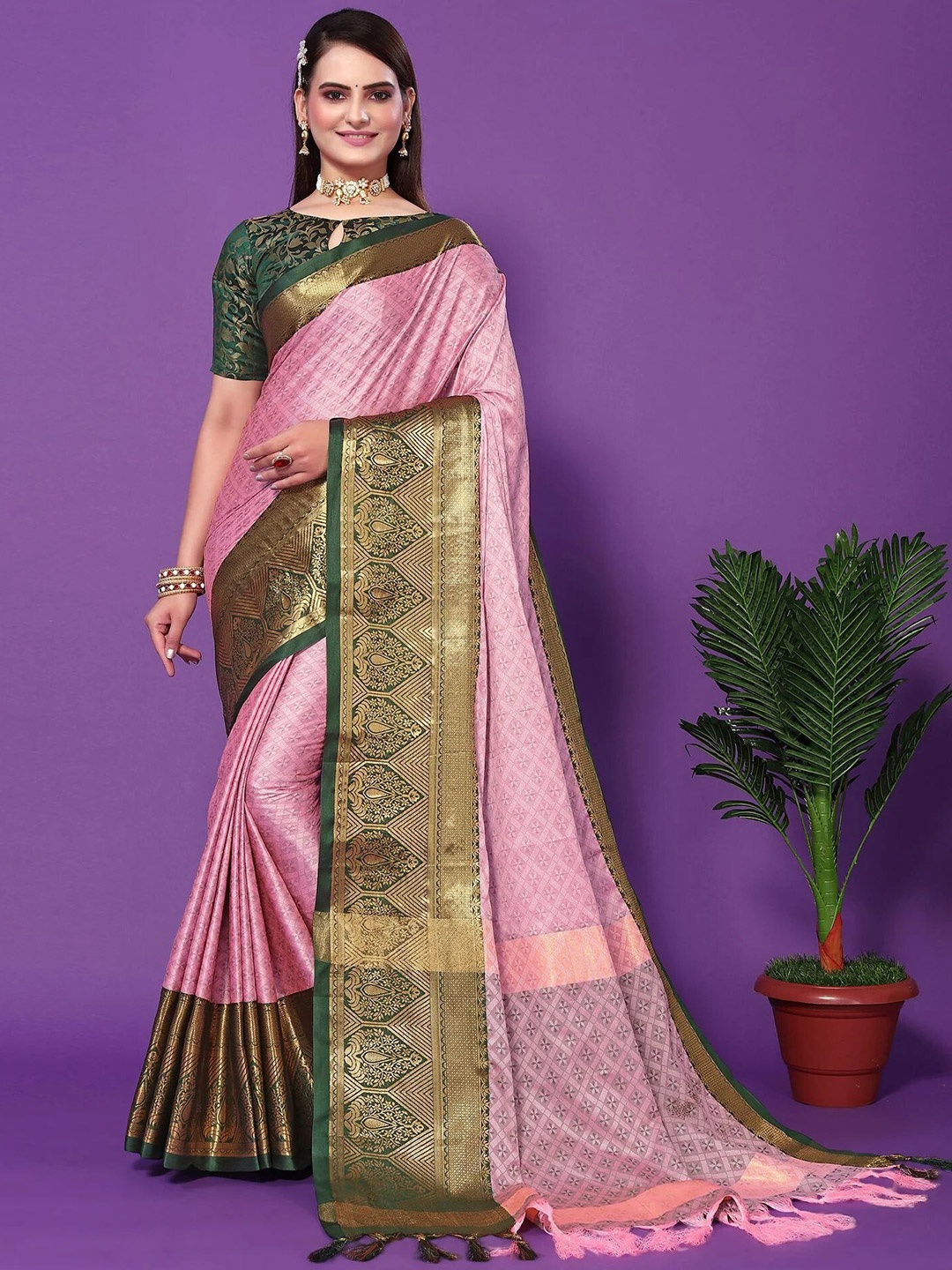 

KALINI Ethnic Motifs Woven Design Zari Silk Cotton Handloom Mysore Silk Saree, Peach