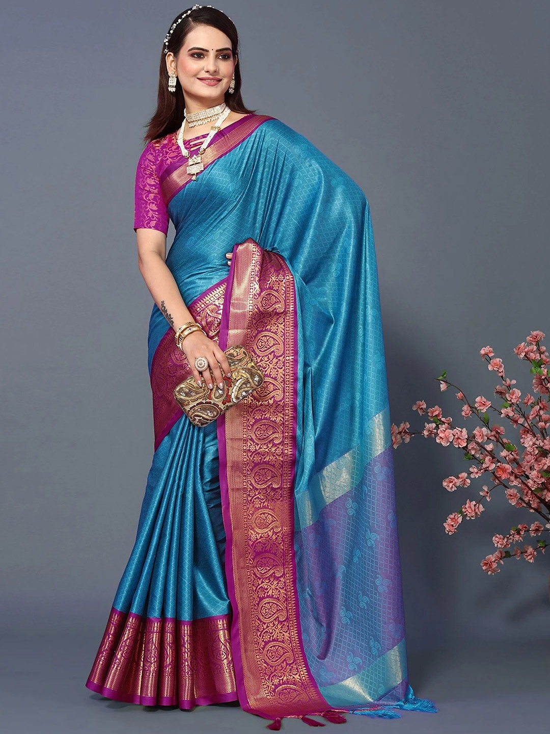 

KALINI Woven Design Zari Silk Cotton Mysore Silk Saree, Turquoise blue