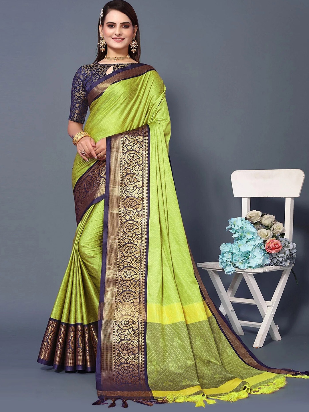 

KALINI Ethnic Motif Woven Design Zari Silk Cotton Mysore Silk Saree, Lime green