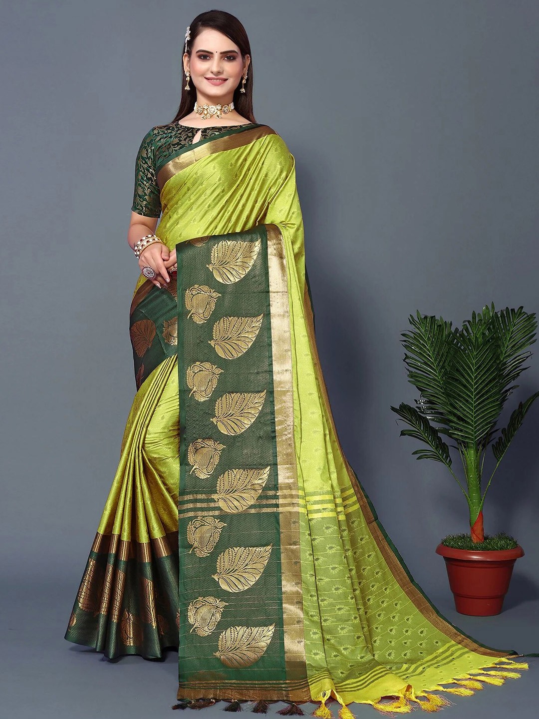 

KALINI Ethnic Motif Woven Design Zari Silk Cotton Mysore Silk Saree, Lime green