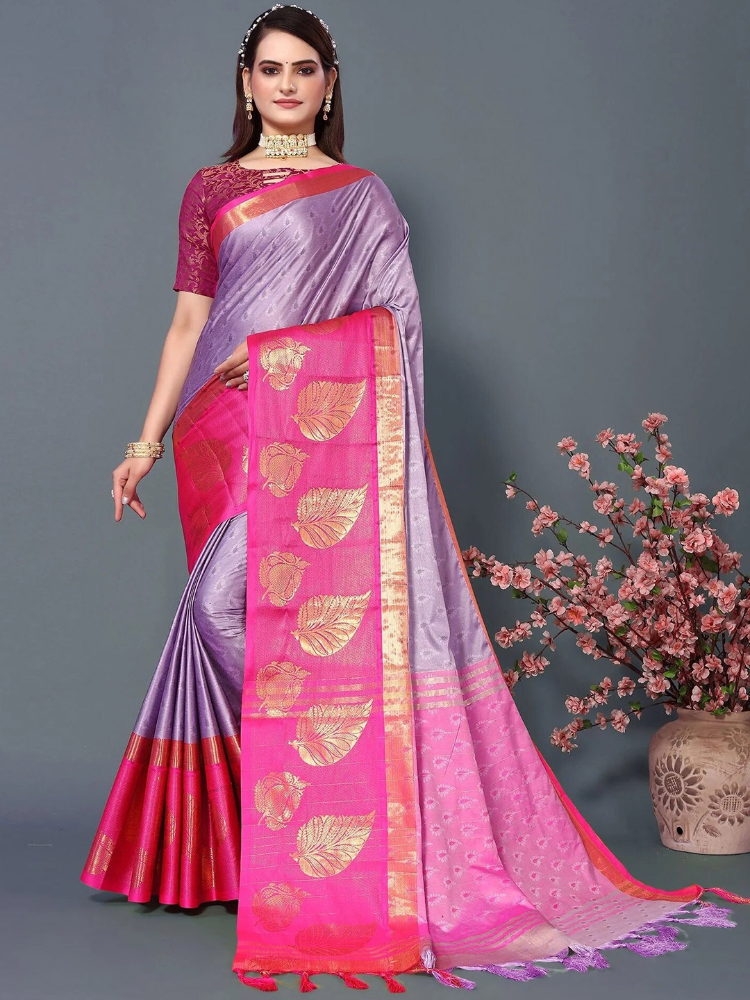 

KALINI Ethnic Motifs Woven Design Zari Silk Cotton Saree, Purple