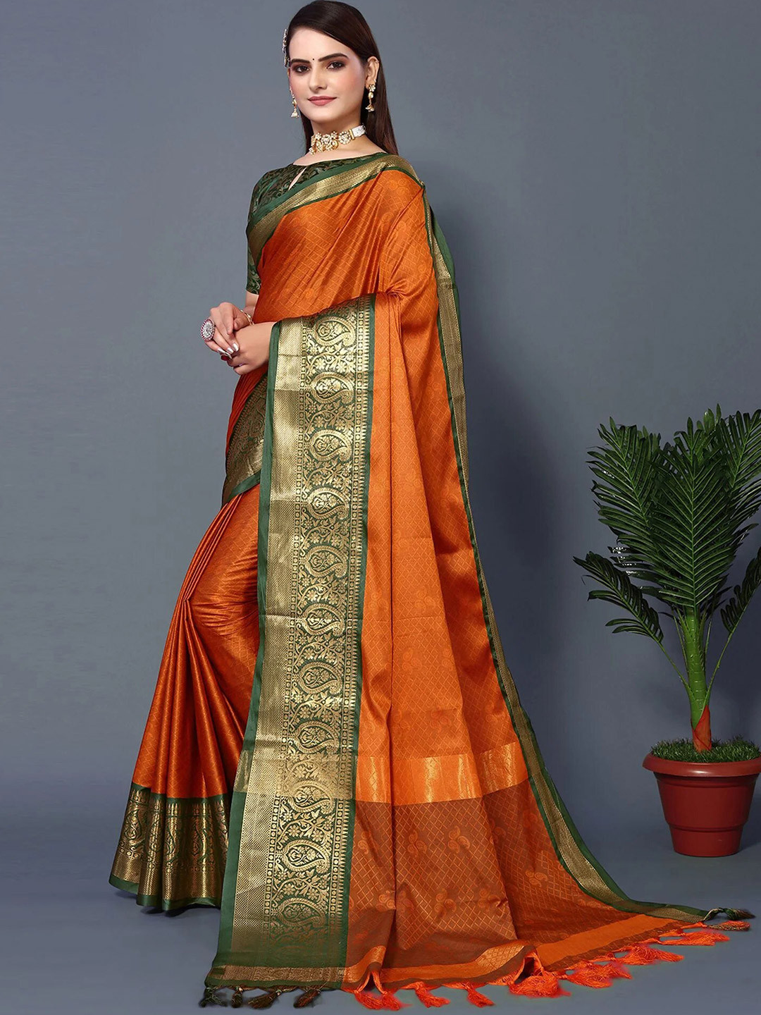

KALINI Zari Mysore Silk Saree, Orange