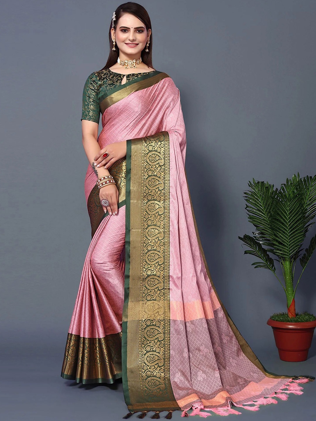 

KALINI Ethnic Motifs Woven Design Zari Silk Cotton Saree, Peach