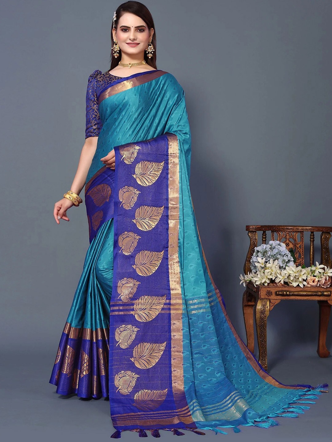 

KALINI Ethnic Motifs Woven Design Zari Silk Cotton Mysore Silk Saree, Turquoise blue