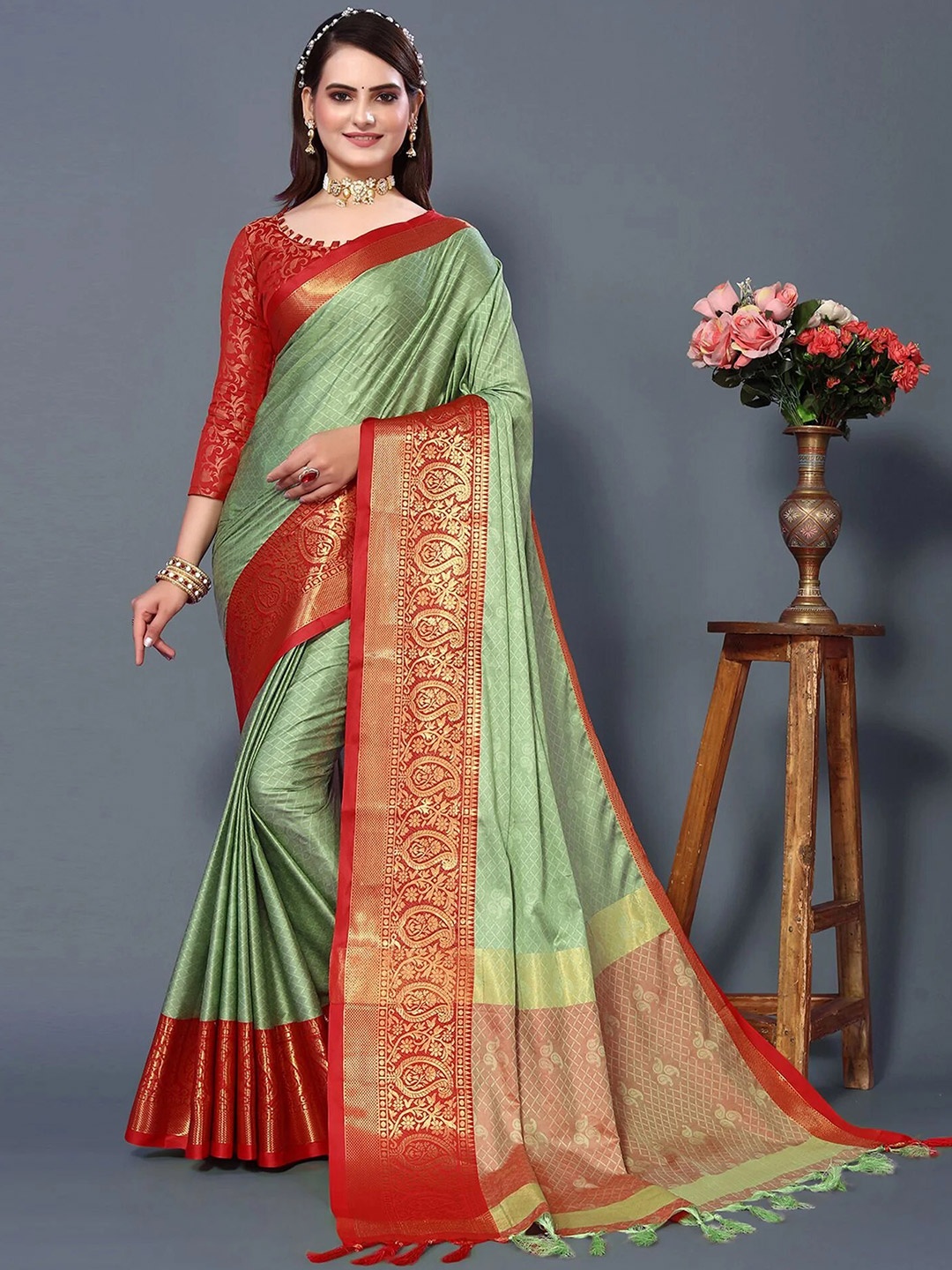 

KALINI Ethnic Motifs Woven Design Zari Mysore Silk Saree, Fluorescent green