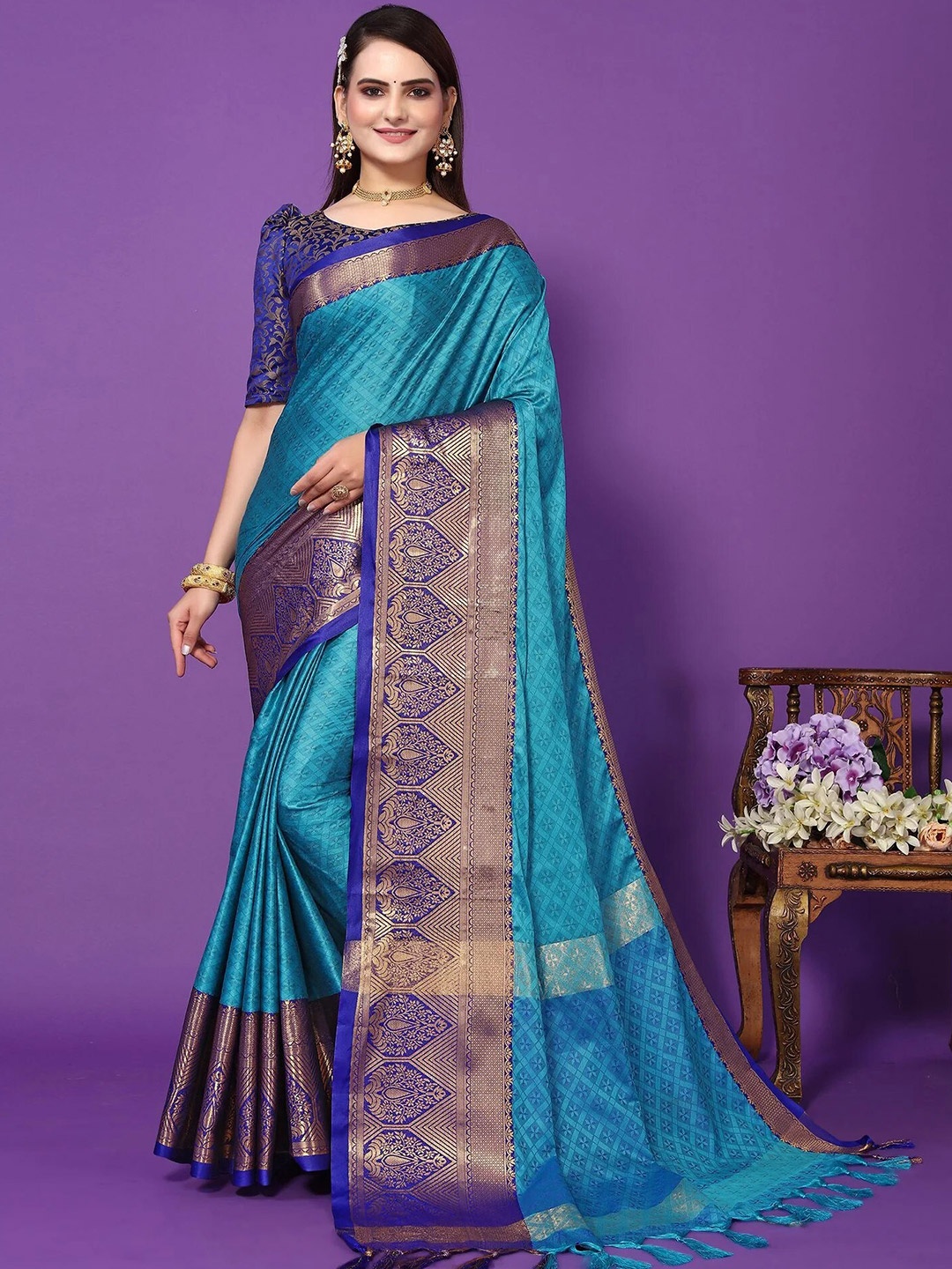 

KALINI Ethnic Motifs Woven Design Zari Mysore Silk Saree, Turquoise blue