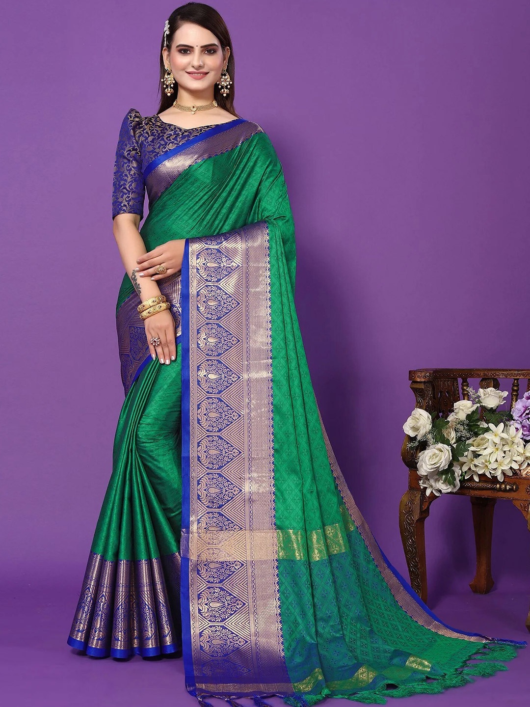 

KALINI Ethnic Motif Woven Design Zari Silk Cotton Mysore Silk Saree, Green