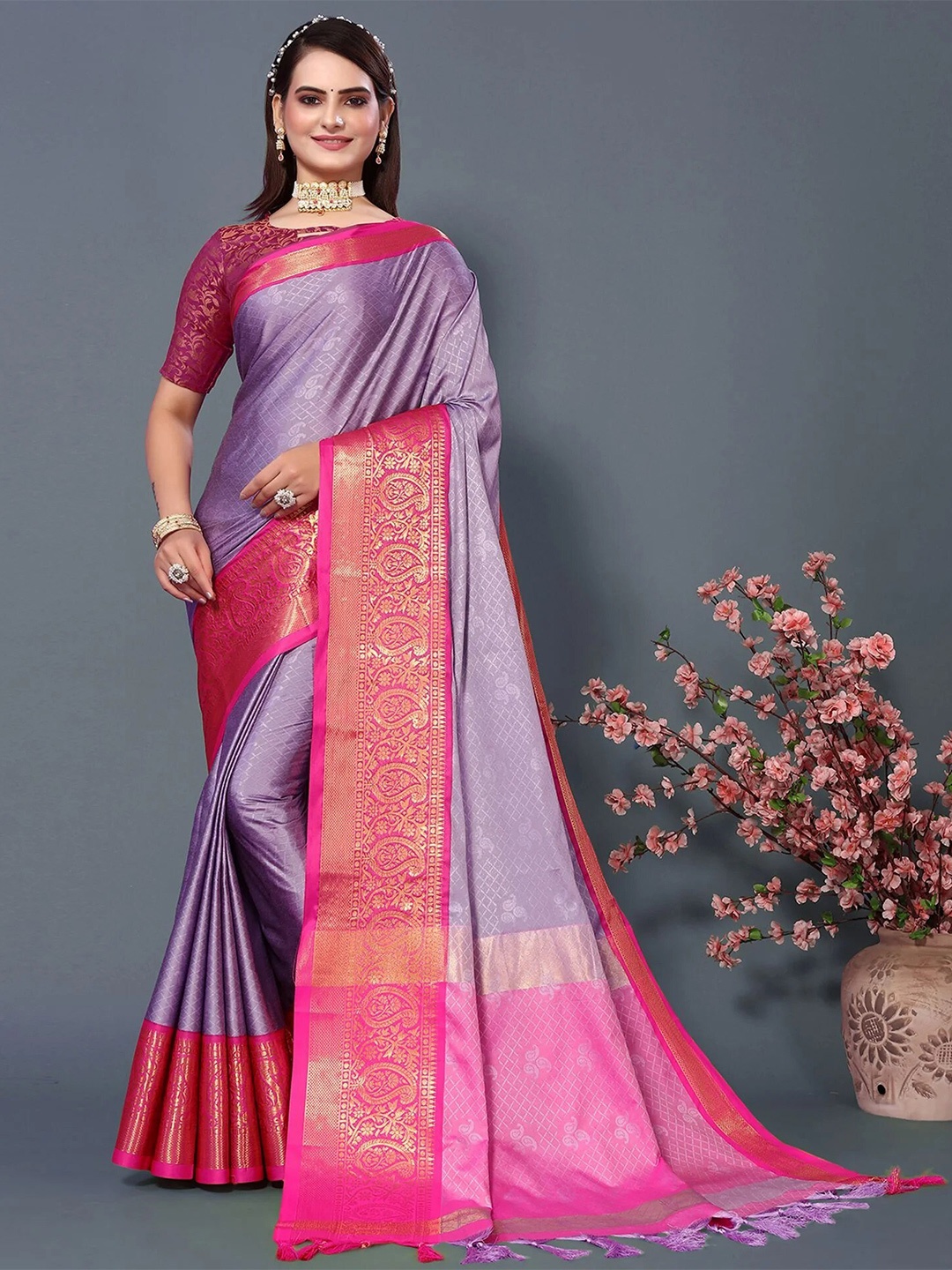 

KALINI Paisley Woven Design Zari Detailed Silk Cotton Saree, Purple