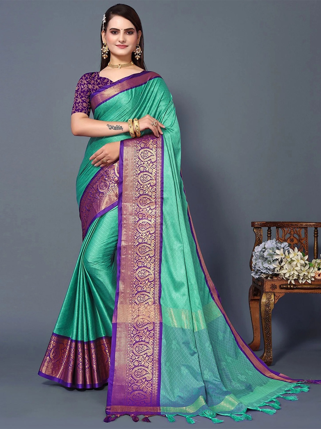 

KALINI Woven Design Zari Detailed Silk Cotton Saree, Turquoise blue