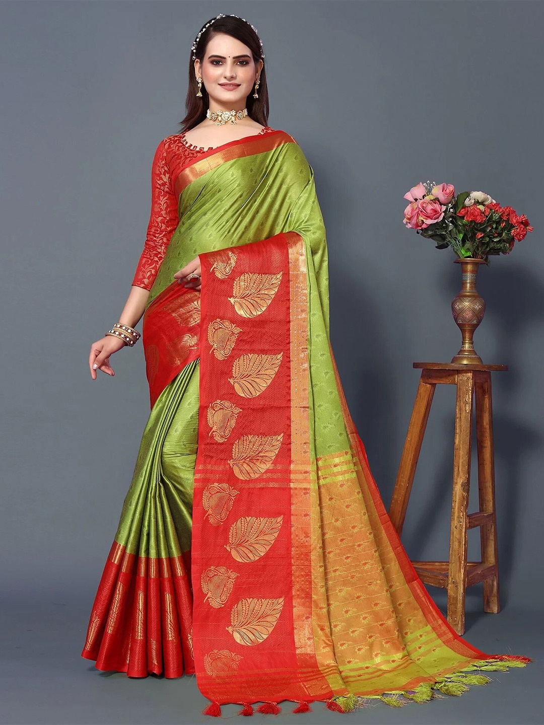 

KALINI Woven Design Zari Detailed Silk Cotton Saree, Green