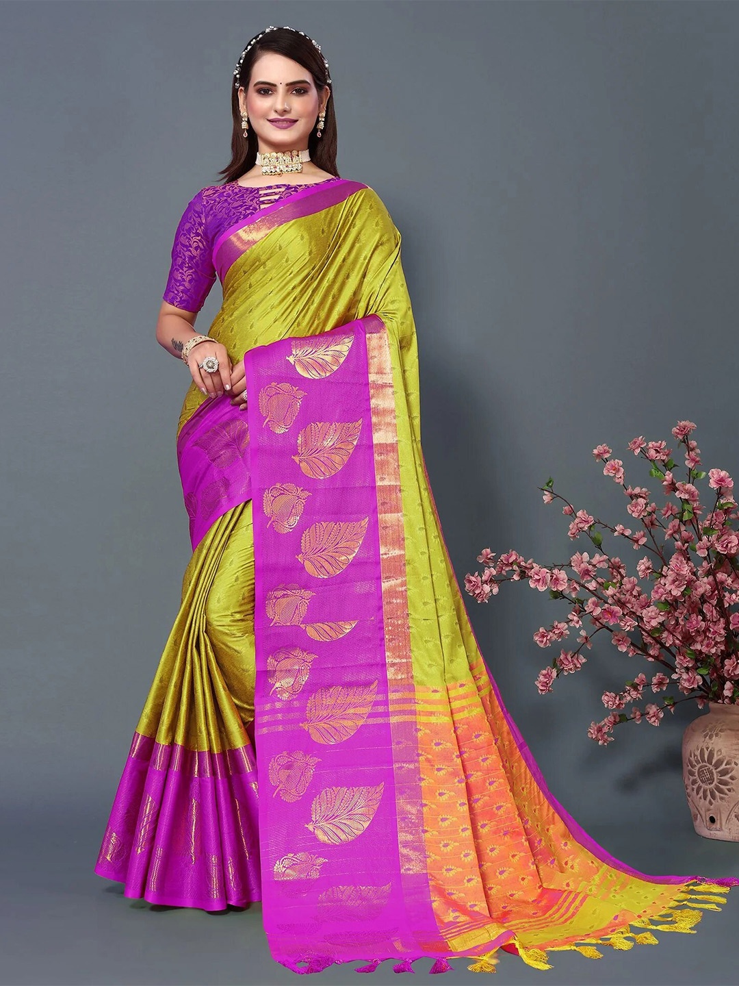 

KALINI Woven Design Zari Detailed Silk Cotton Saree, Lime green